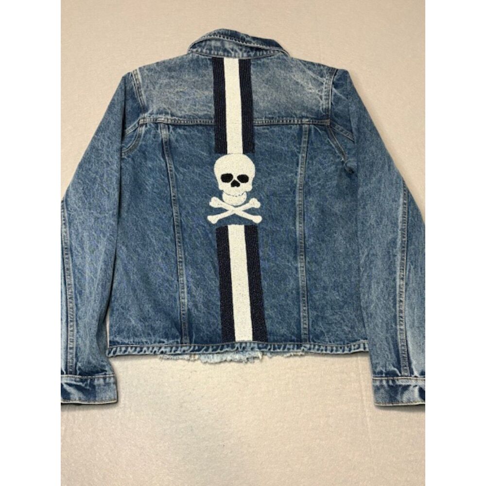 Sassy Belle Skull & Crossbones Hand Beaded Denim/Jean Jacket Raw Hem Pockets XL